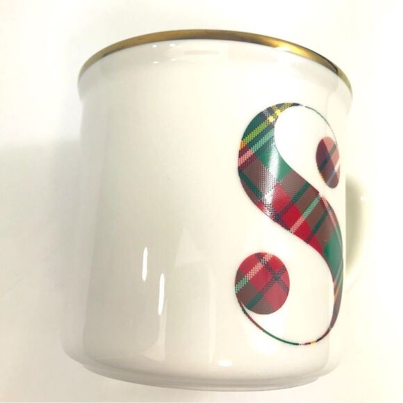 Pottery Barn White Red Stewart Plaid Alphabet Monogram S Stoneware Holiday Mug - Picture 6 of 13